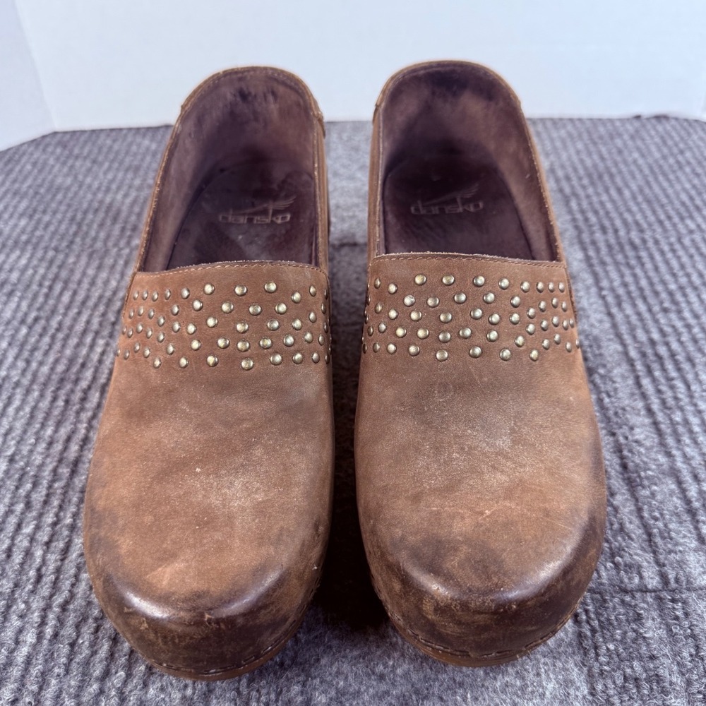 Dansko Brown Leather Studded Block Heel Clogs Shoes Womens size 38